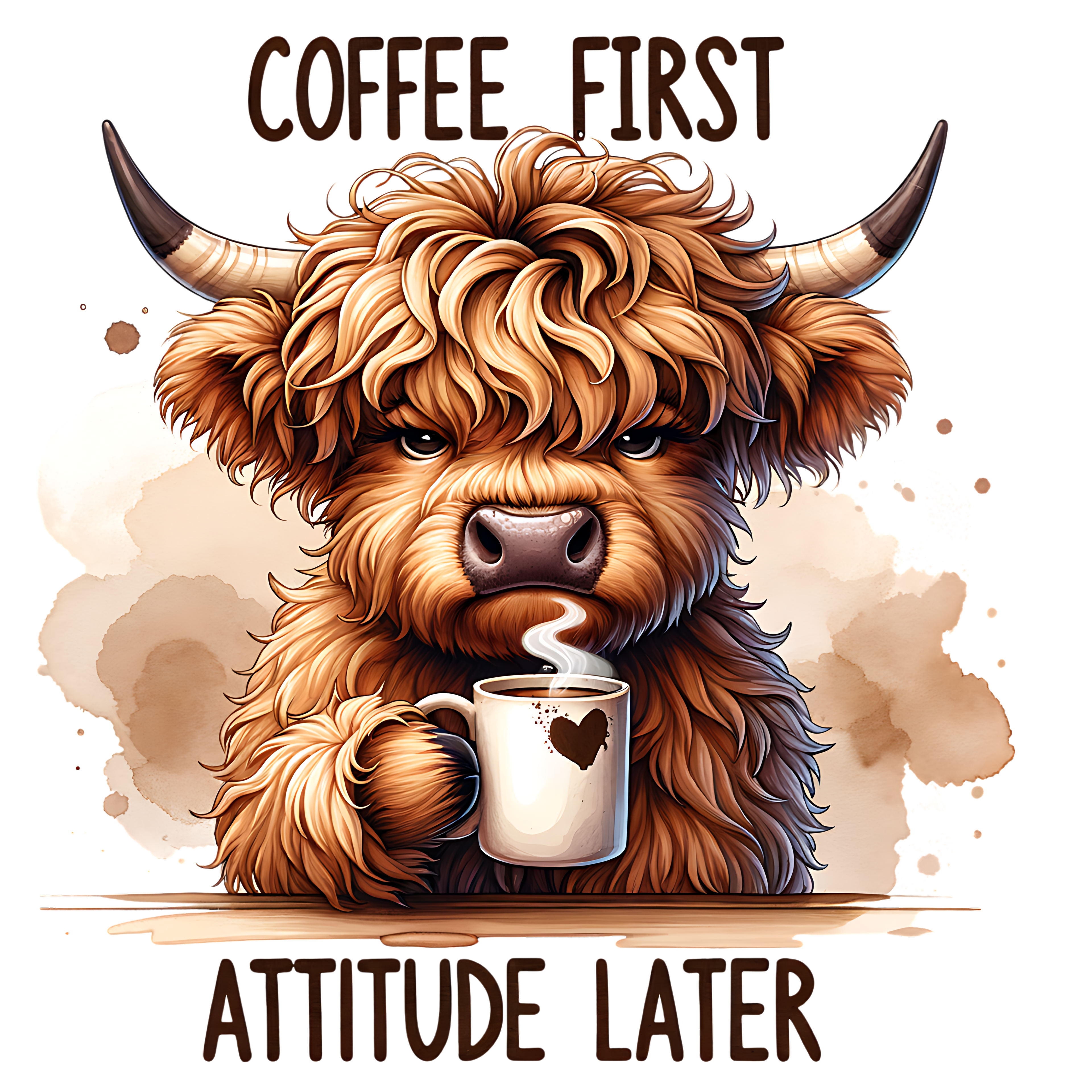 Coffee First Attitude Cow DTF Print